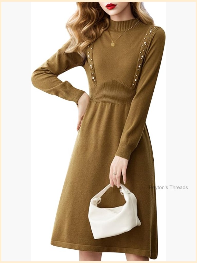 Turtleneck Ribbed Knit Long Sleeve A-Line Midi Sweater Dress
